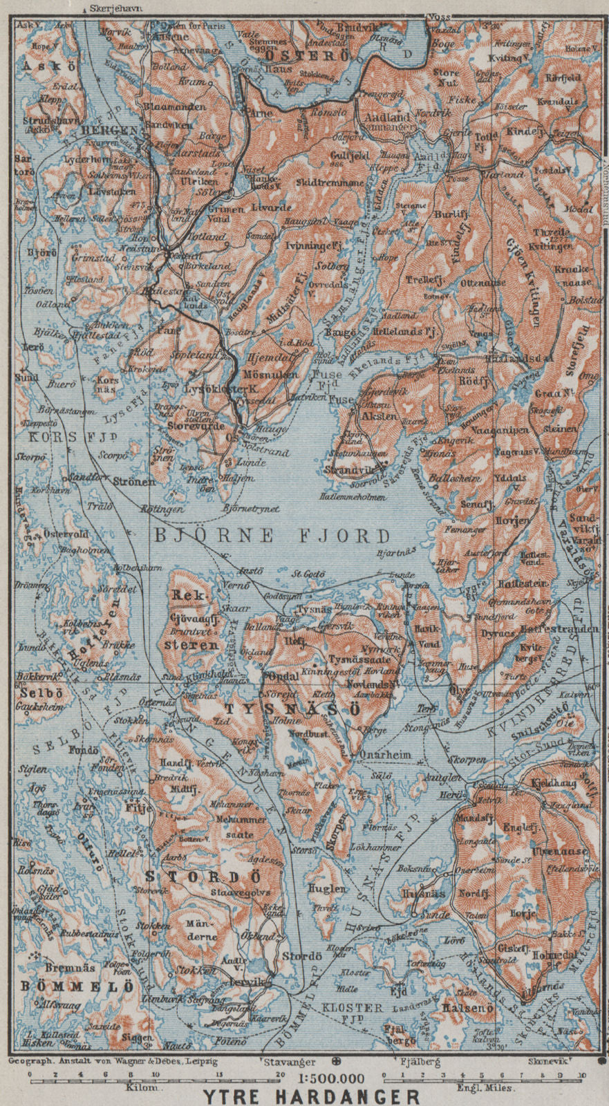 OUTER HARDANGERFJORD topo-map. Bergen Stordo. Norway kart. BAEDEKER 1909